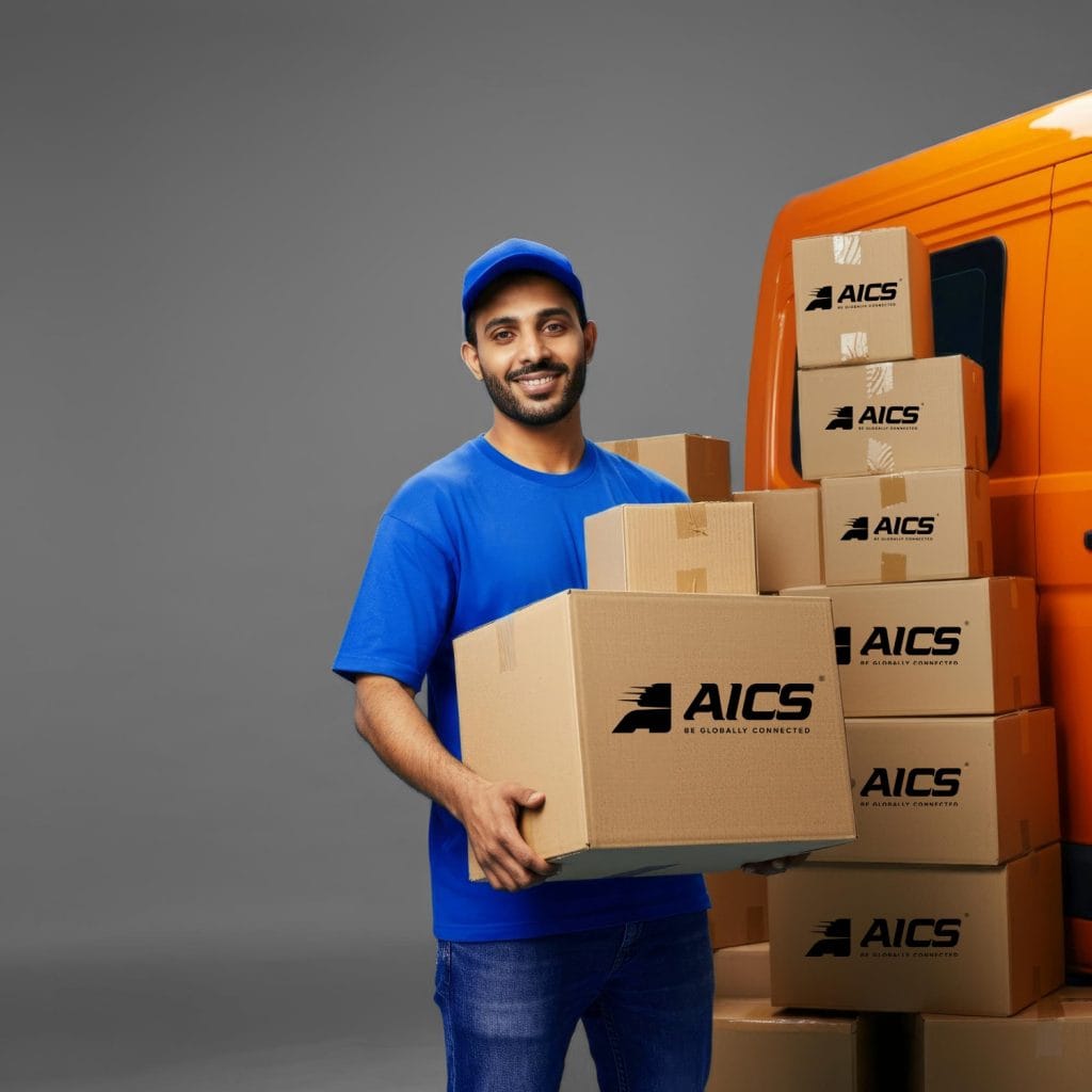 AICS franchise courier executive holding parcels at local franchise pickup center