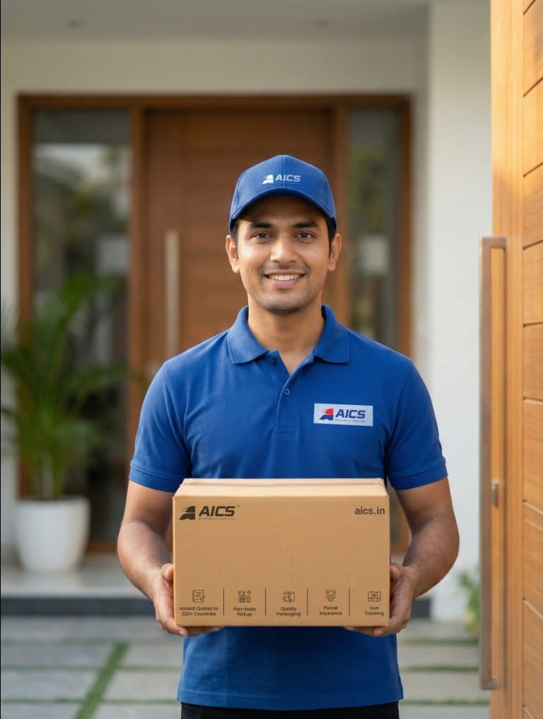AICS courier executive holding parcel representing trusted international delivery services since 2014